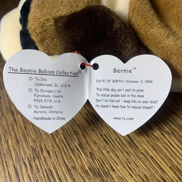 TY Beanie Babies Bernie The St. Bernard Dog White & Brown 8" 1996 NWT - Picture 3 of 9